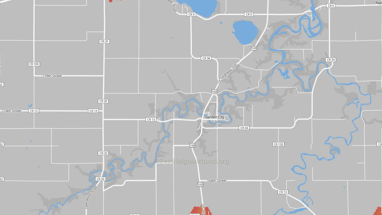 Walk Grade map of Garden City, MN, walkable areas in green and car-dependent areas in red