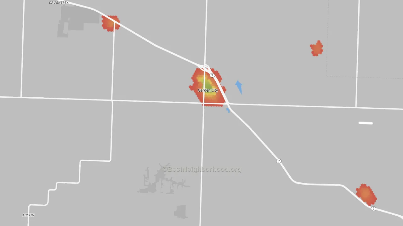 Walk Grade map of Garden City, MO, walkable areas in green and car-dependent areas in red