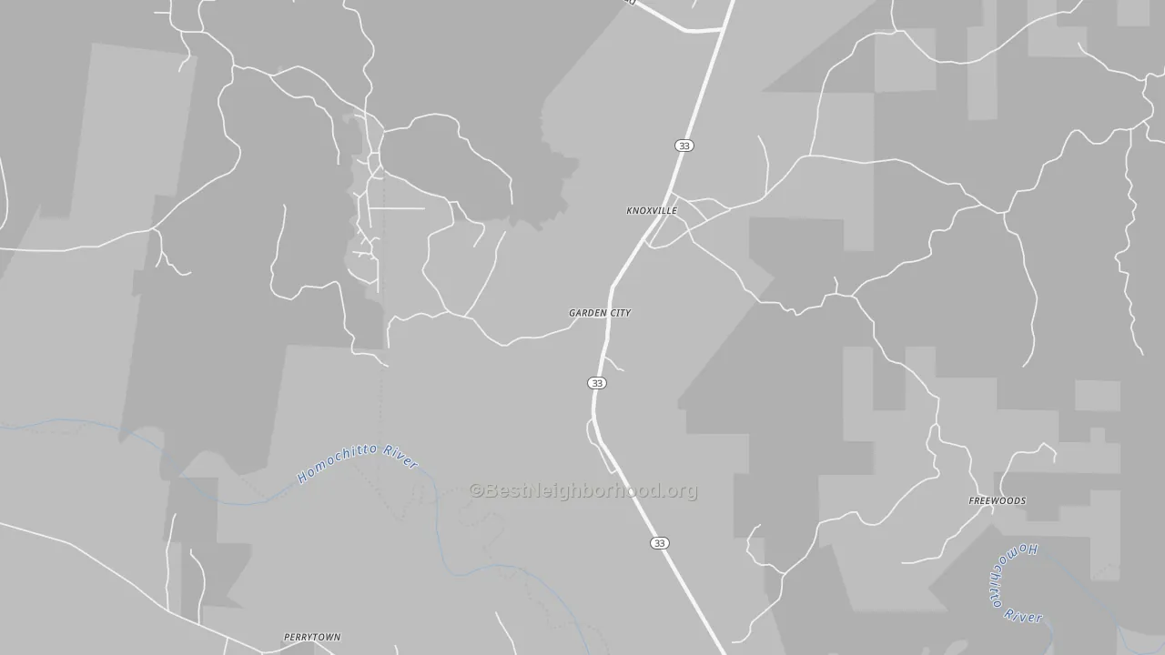 Walk Grade map of Garden City, MS, walkable areas in green and car-dependent areas in red