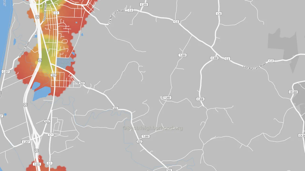 Walk Grade map of Garden City, OH, walkable areas in green and car-dependent areas in red