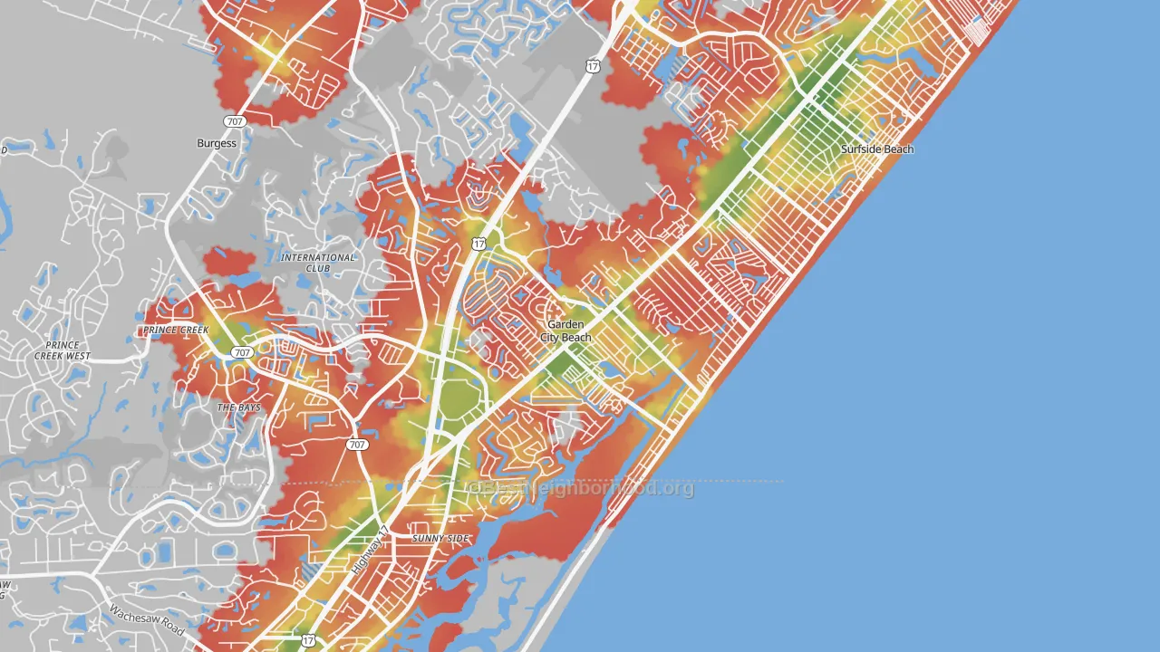 Walk Grade map of Garden City, SC, walkable areas in green and car-dependent areas in red
