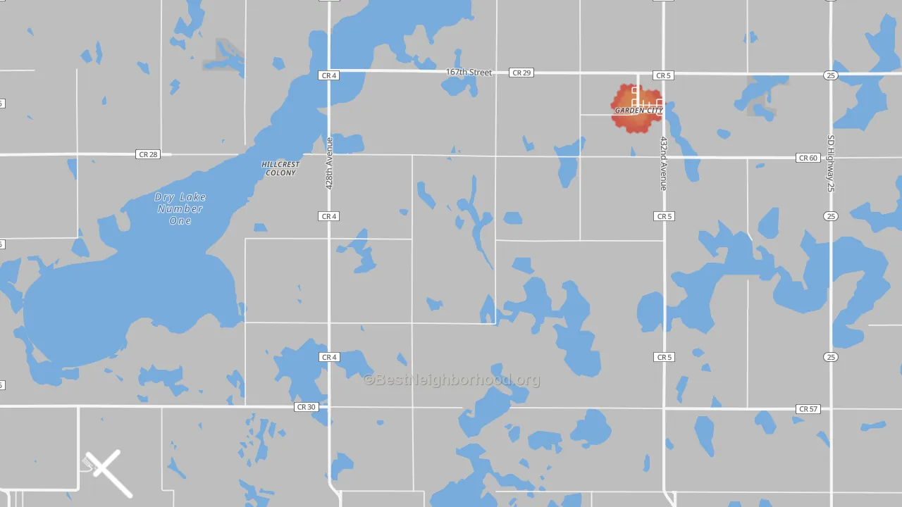 Walk Grade map of Garden City, SD, walkable areas in green and car-dependent areas in red