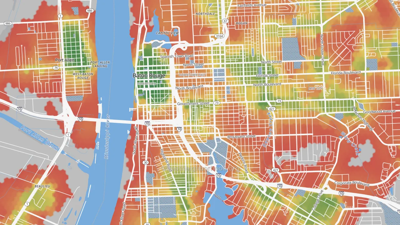 Walk Grade map of Garden District, Baton Rouge, LA, walkable areas in green and car-dependent areas in red