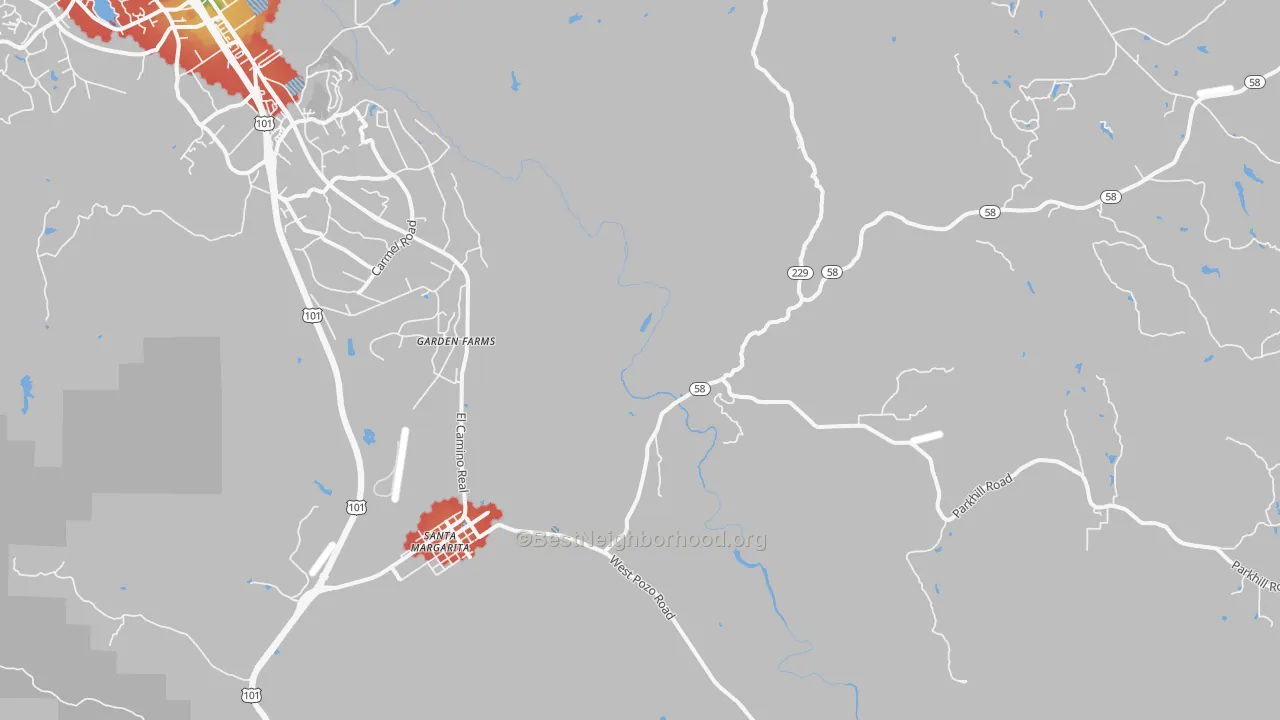 Walk Grade map of Garden Farms, CA, walkable areas in green and car-dependent areas in red