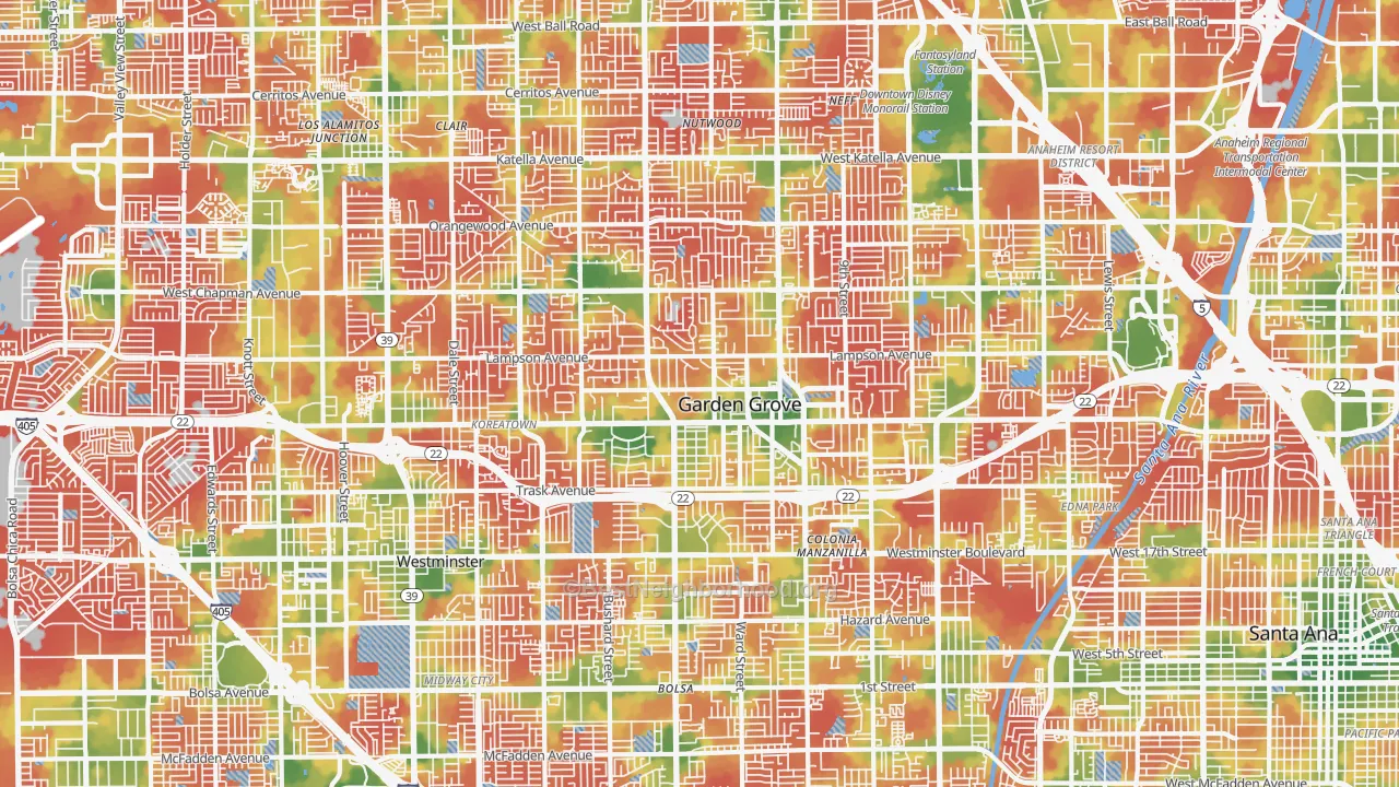 Walk Grade map of Garden Grove, CA, walkable areas in green and car-dependent areas in red