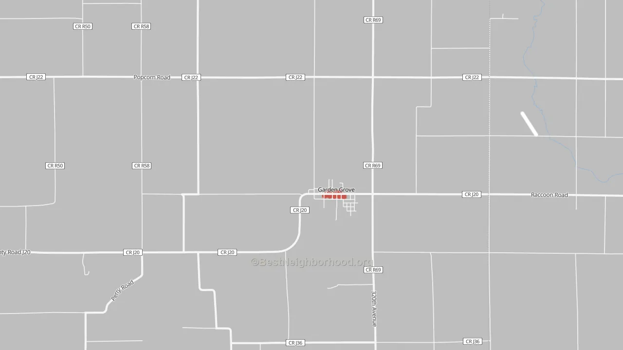 Walk Grade map of Garden Grove, IA, walkable areas in green and car-dependent areas in red