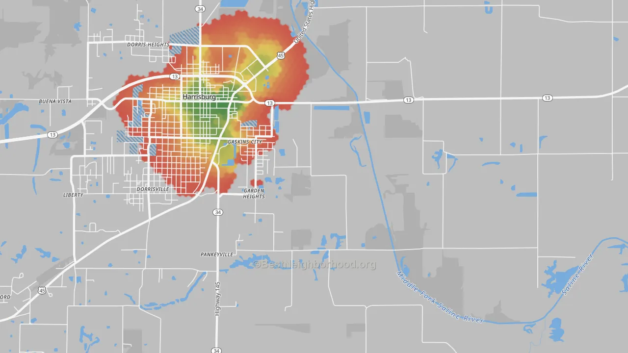 Walk Grade map of Garden Heights, IL, walkable areas in green and car-dependent areas in red
