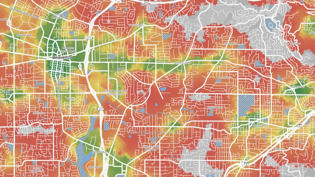 Walk Grade map of Garden Home-Raleigh Hills, Portland, OR, walkable areas in green and car-dependent areas in red