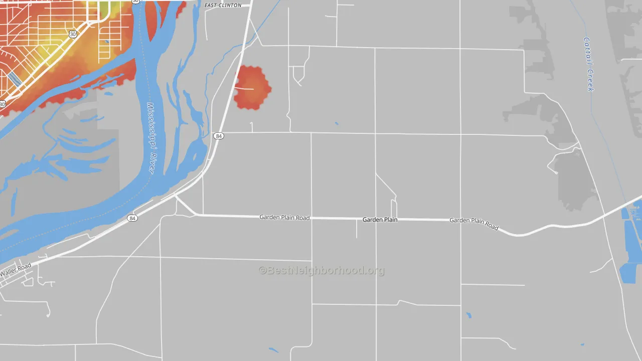 Walk Grade map of Garden Plain, IL, walkable areas in green and car-dependent areas in red