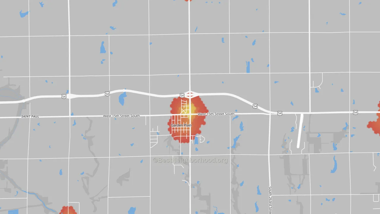 Walk Grade map of Garden Plain, KS, walkable areas in green and car-dependent areas in red