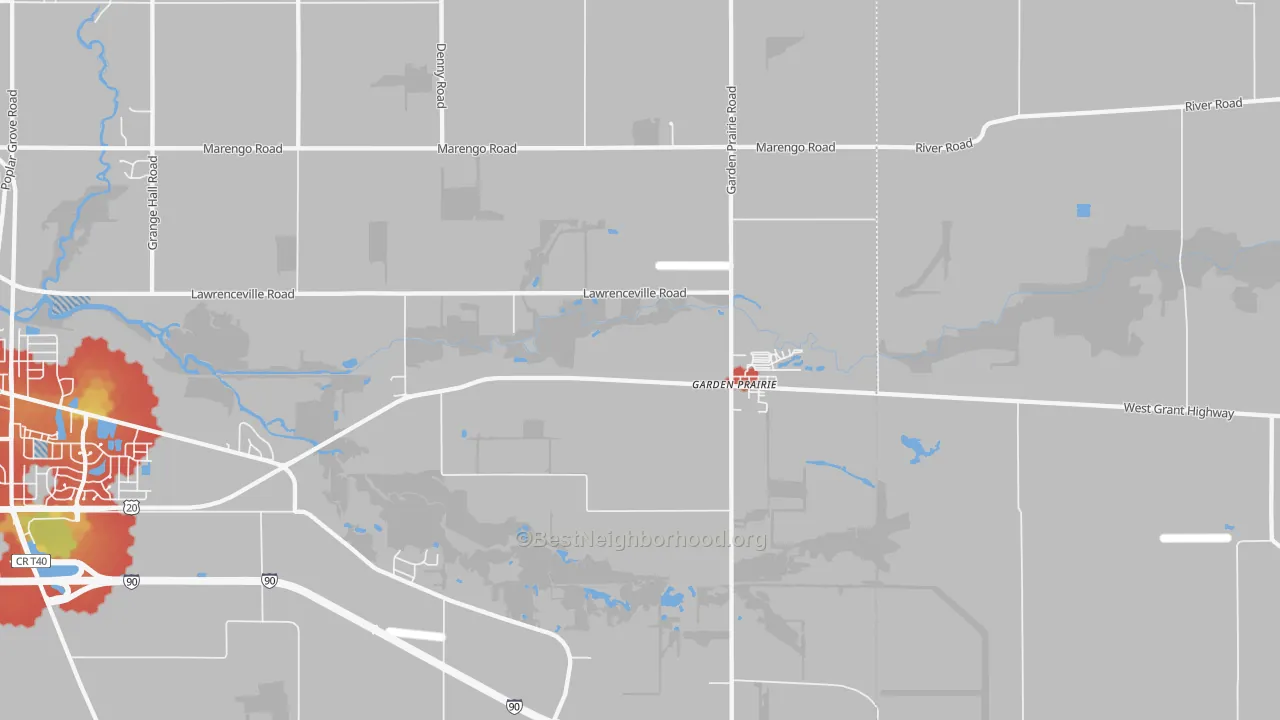 Walk Grade map of Garden Prairie, IL, walkable areas in green and car-dependent areas in red