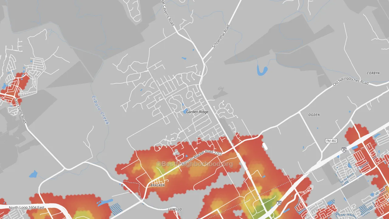 Walk Grade map of Garden Ridge, TX, walkable areas in green and car-dependent areas in red
