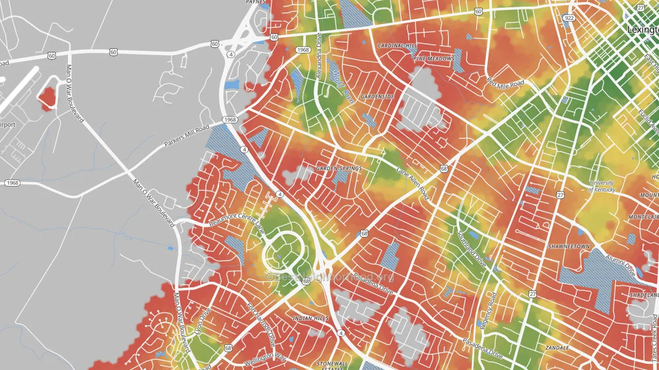 Walk Grade map of Garden Springs, Lexington, KY, walkable areas in green and car-dependent areas in red