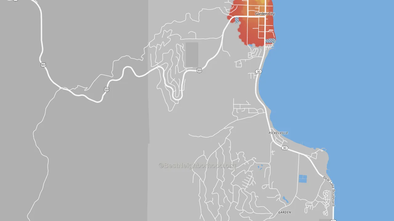 Walk Grade map of Garden, UT, walkable areas in green and car-dependent areas in red
