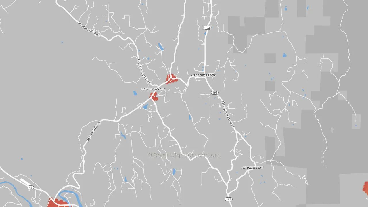 Walk Grade map of Garden Valley, CA, walkable areas in green and car-dependent areas in red