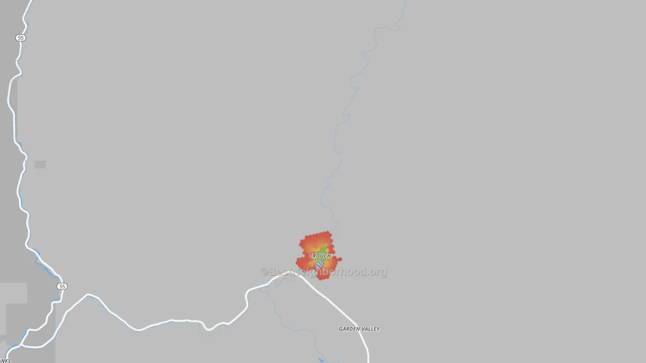 Walk Grade map of Garden Valley, ID, walkable areas in green and car-dependent areas in red