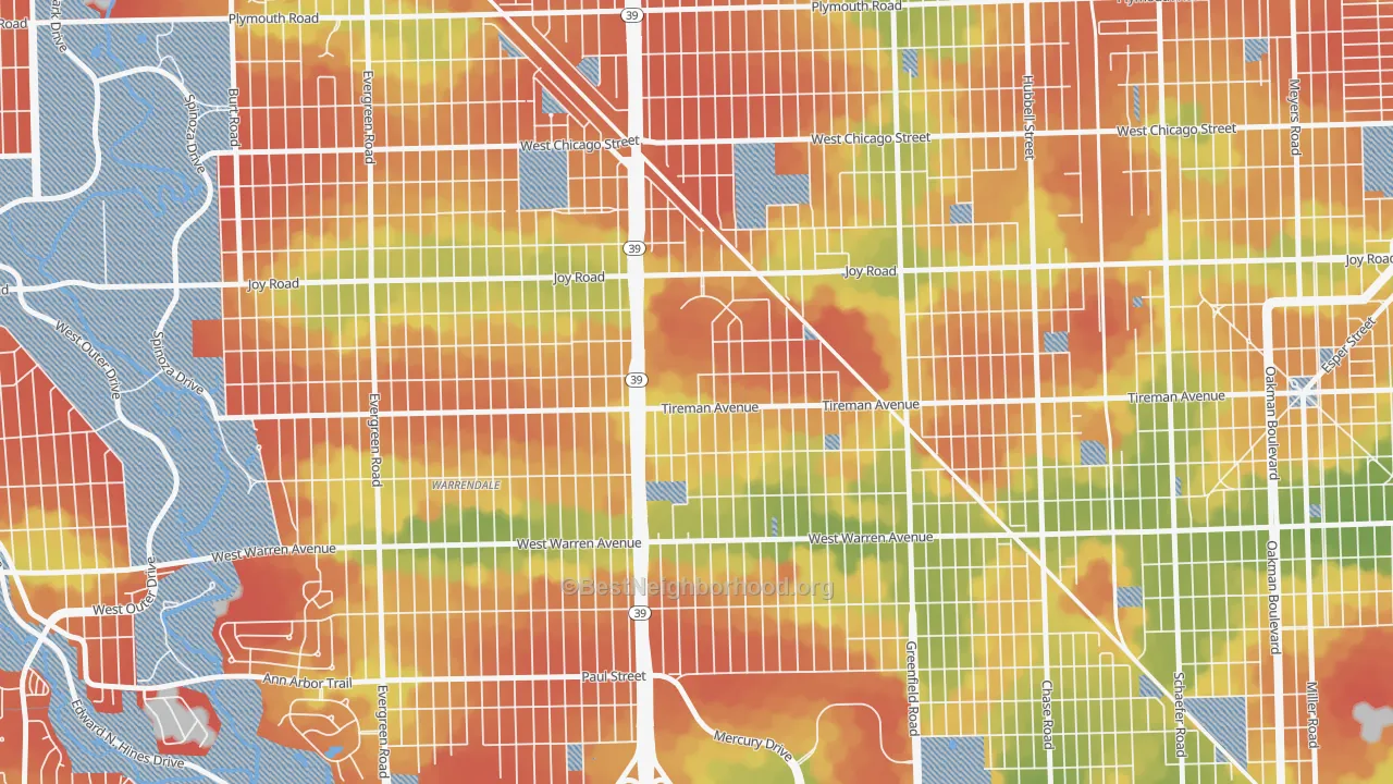 Walk Grade map of Garden View, Detroit, MI, walkable areas in green and car-dependent areas in red
