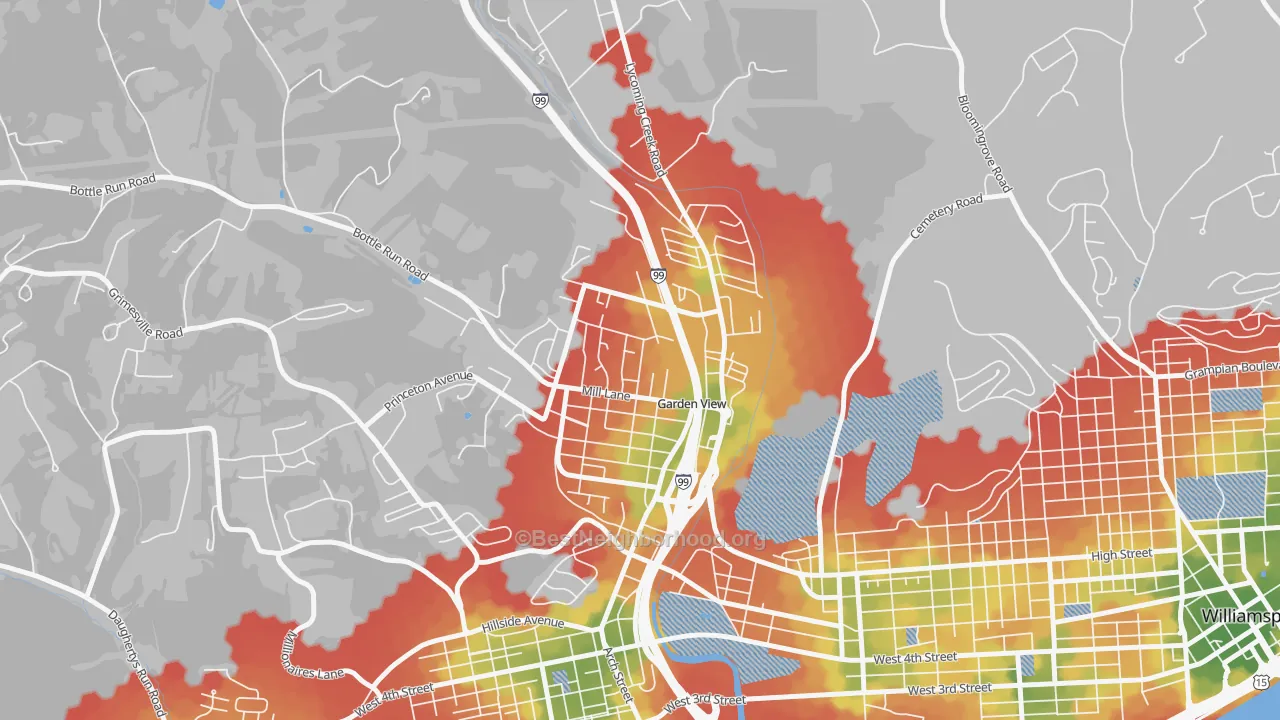 Walk Grade map of Garden View, PA, walkable areas in green and car-dependent areas in red