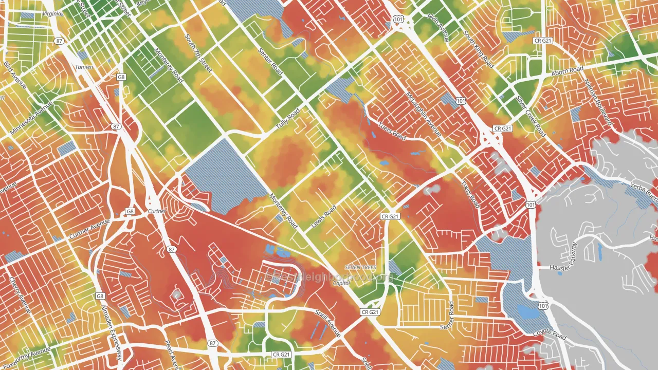 Walk Grade map of Garden-Villa Montery, San Jose, CA, walkable areas in green and car-dependent areas in red