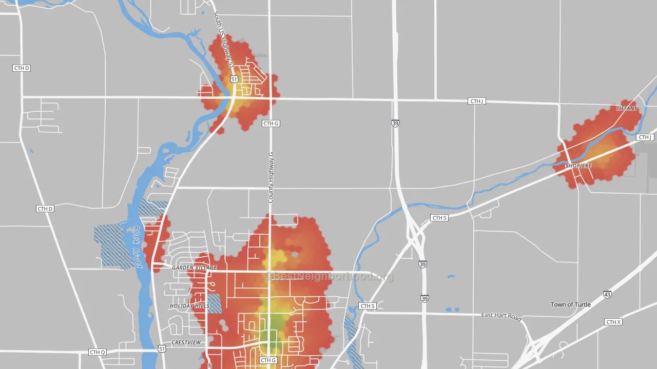 Walk Grade map of Garden Village, WI, walkable areas in green and car-dependent areas in red