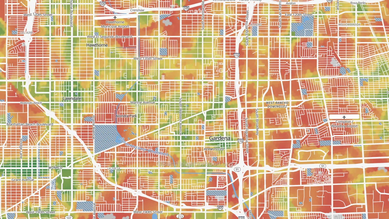 Walk Grade map of Gardena, CA, walkable areas in green and car-dependent areas in red