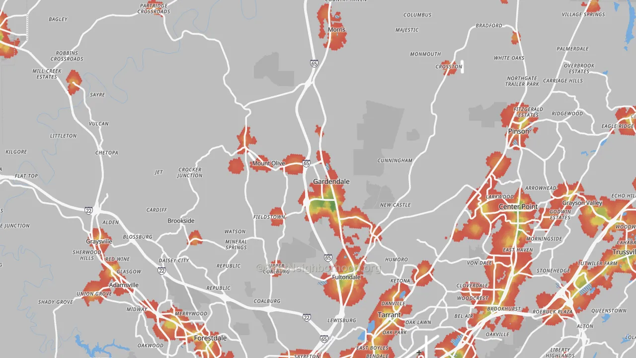 Walk Grade map of Gardendale, AL, walkable areas in green and car-dependent areas in red