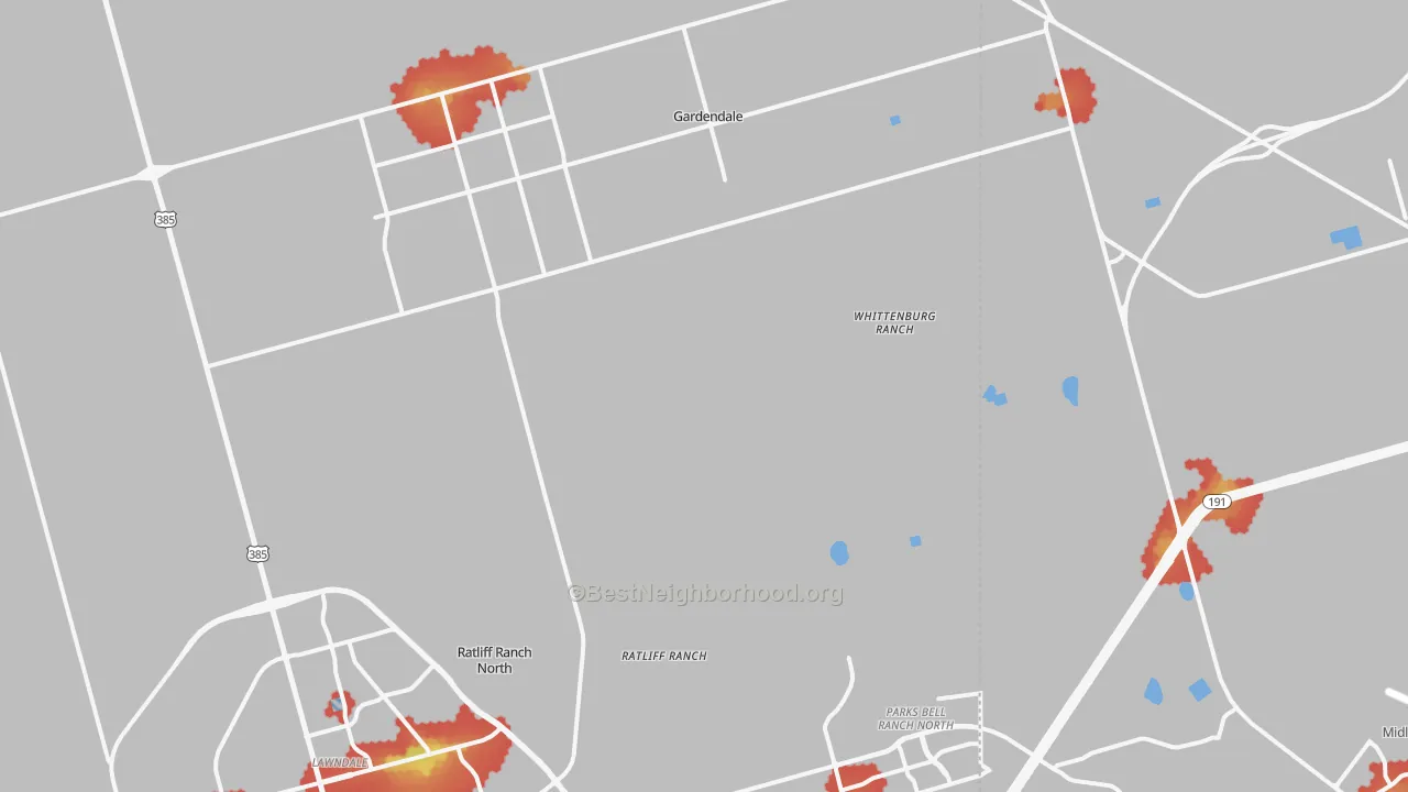 Walk Grade map of Gardendale, TX, walkable areas in green and car-dependent areas in red