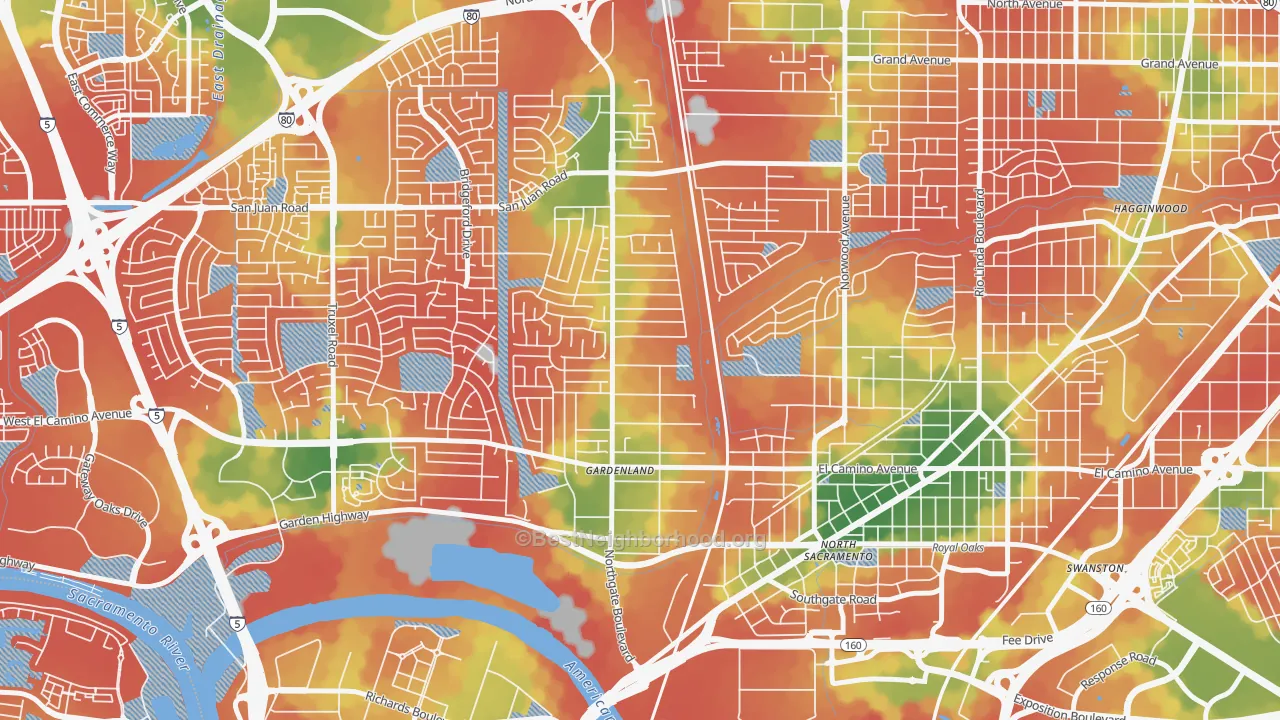Walk Grade map of Gardenland, Sacramento, CA, walkable areas in green and car-dependent areas in red