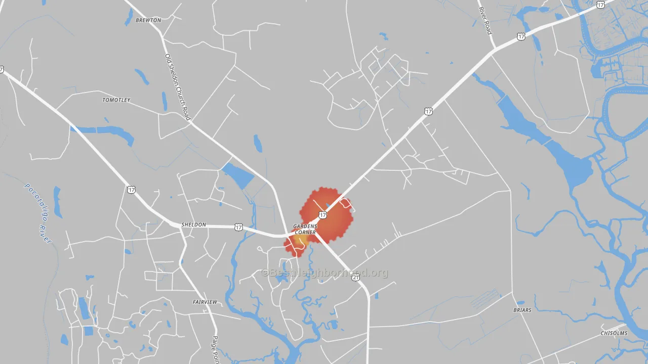 Walk Grade map of Gardens Corner, SC, walkable areas in green and car-dependent areas in red