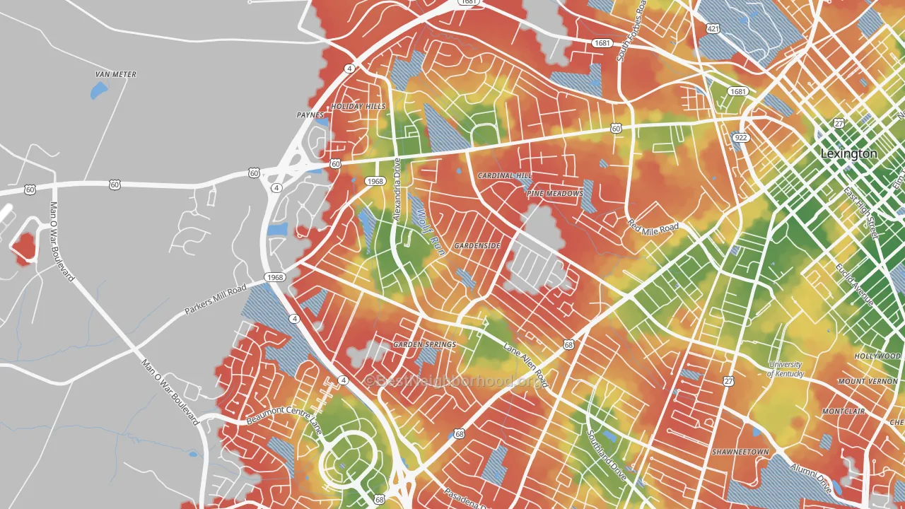 Walk Grade map of Gardenside-Colony, Lexington, KY, walkable areas in green and car-dependent areas in red