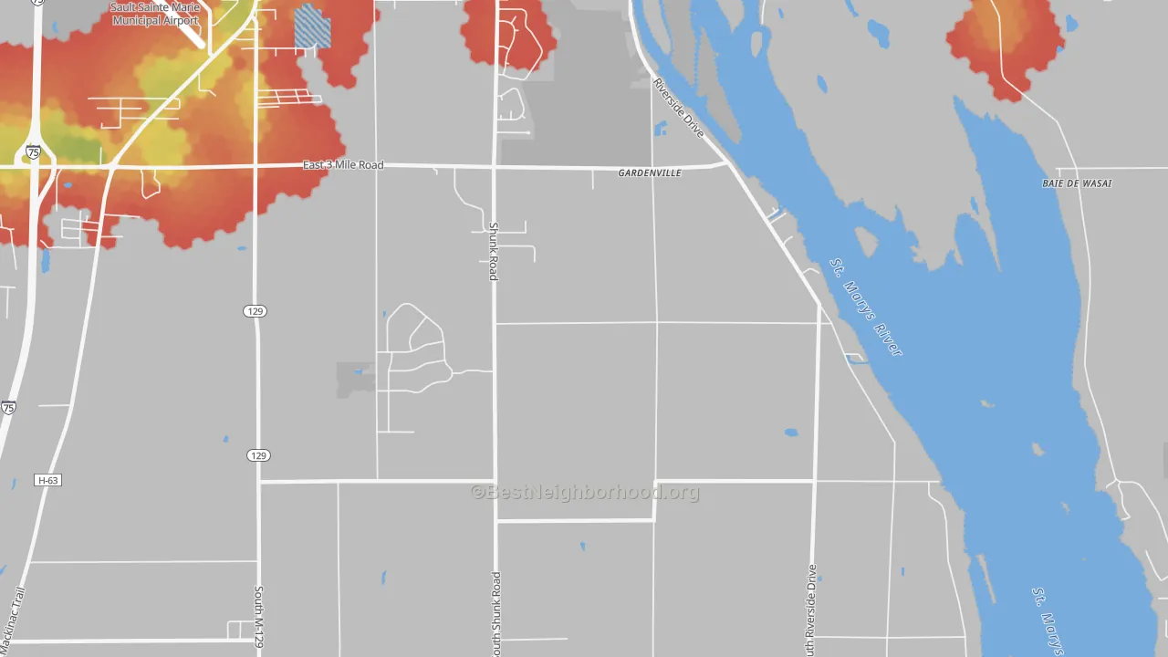 Walk Grade map of Gardenville, MI, walkable areas in green and car-dependent areas in red