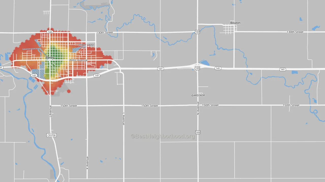 Walk Grade map of Gardiner, IA, walkable areas in green and car-dependent areas in red