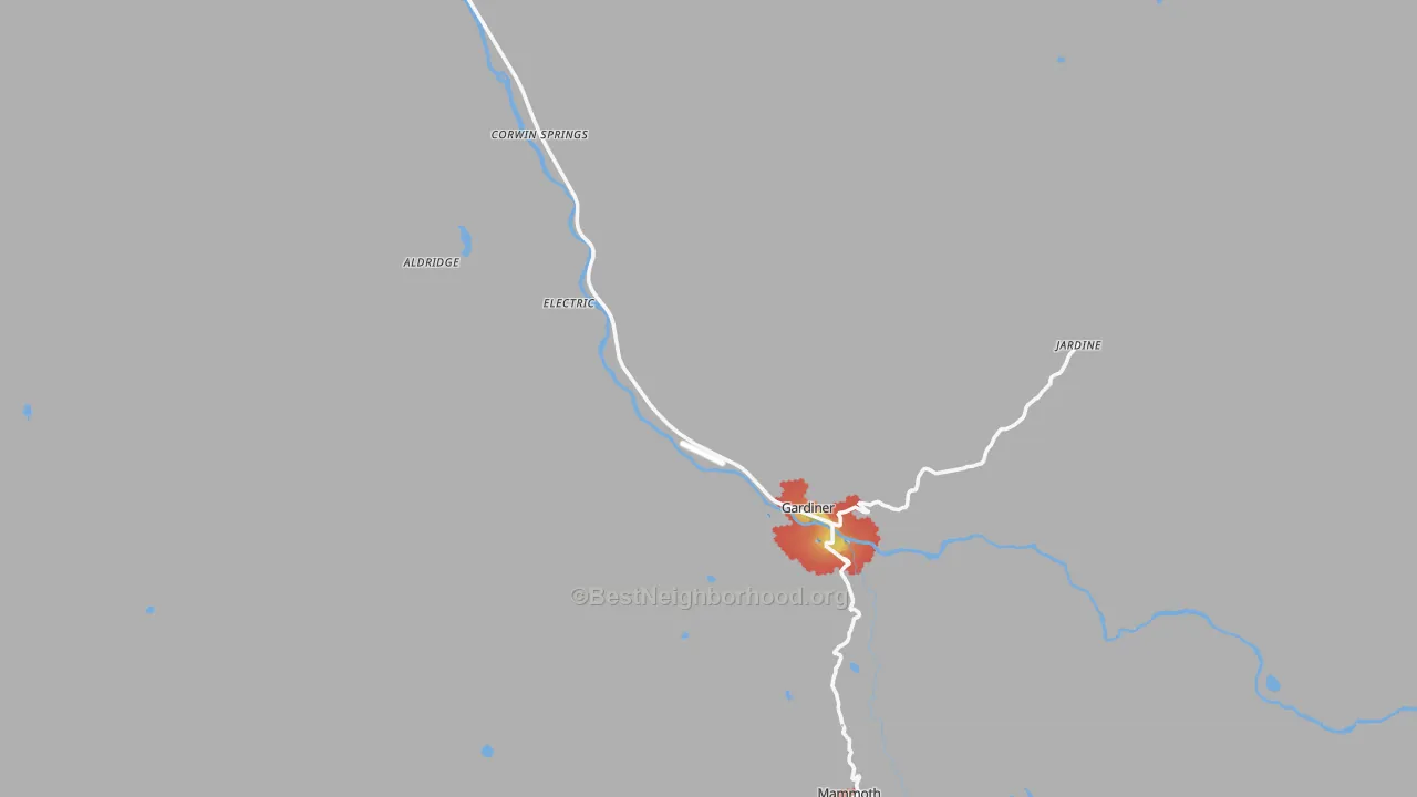 Walk Grade map of Gardiner, MT, walkable areas in green and car-dependent areas in red