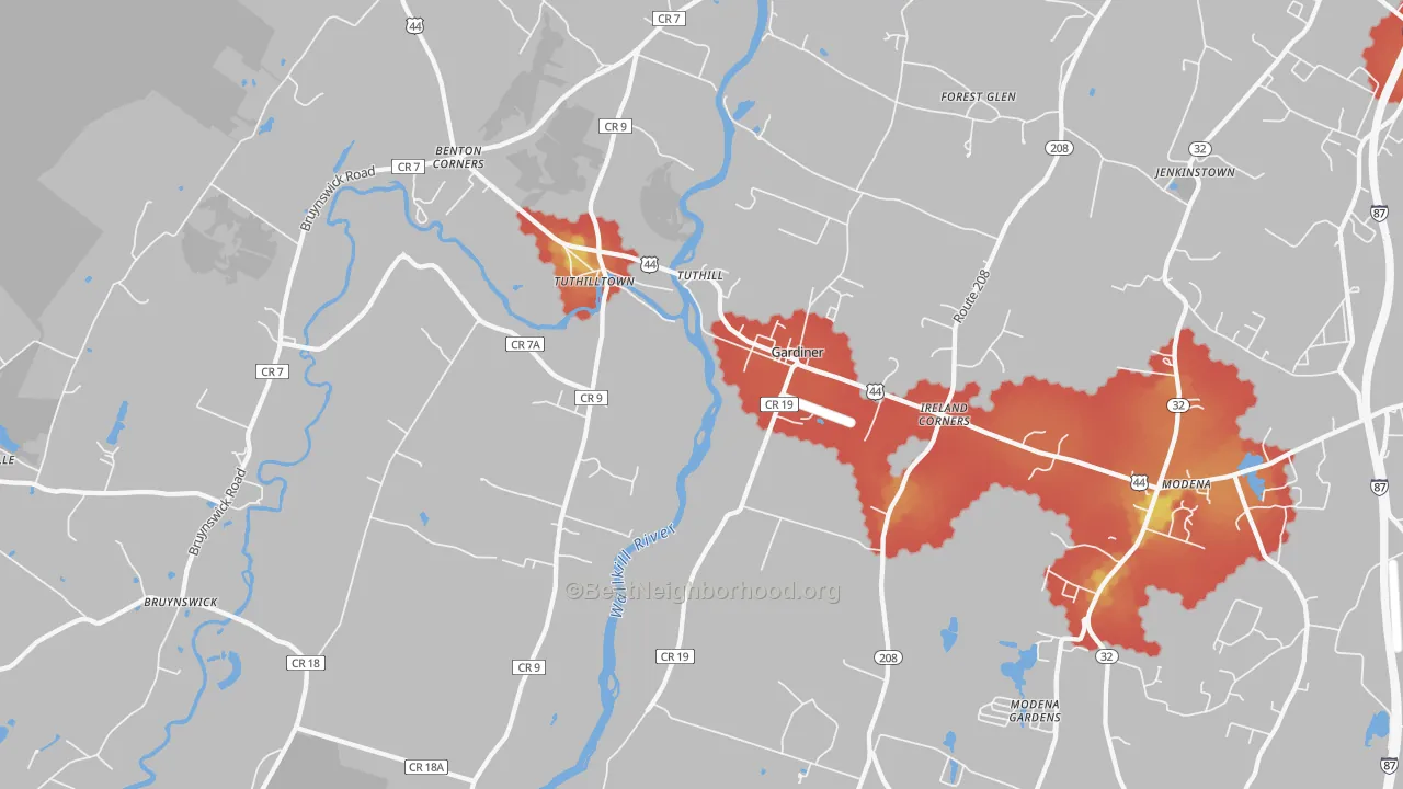 Walk Grade map of Gardiner, NY, walkable areas in green and car-dependent areas in red