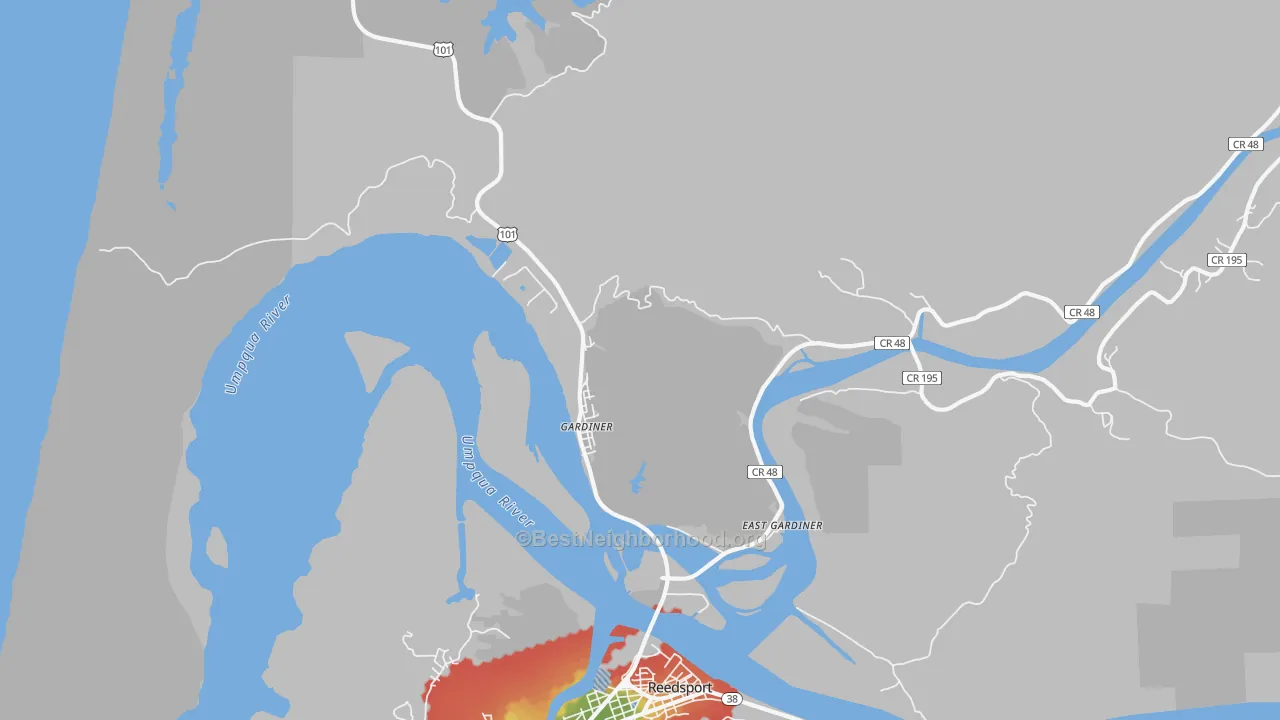 Walk Grade map of Gardiner, OR, walkable areas in green and car-dependent areas in red