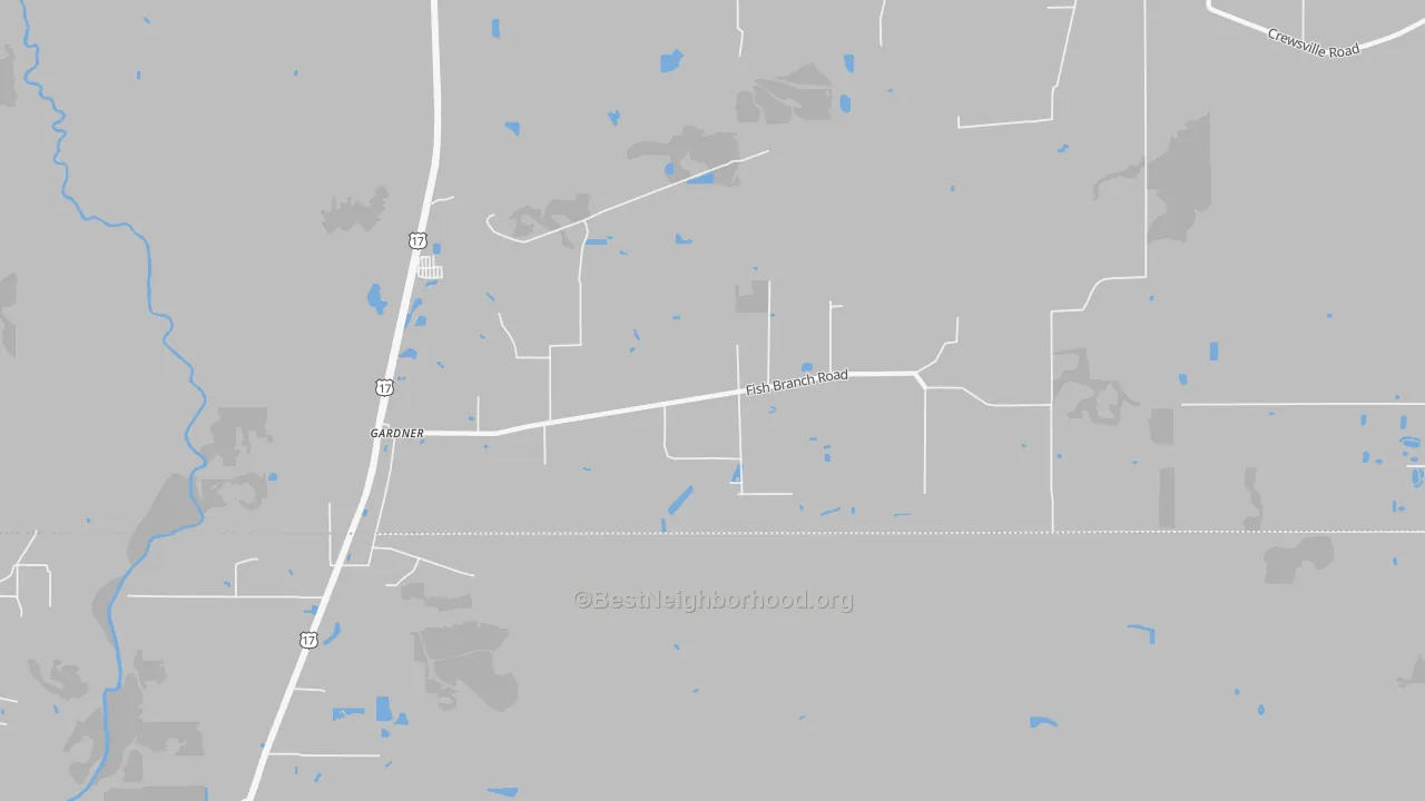 Walk Grade map of Gardner, FL, walkable areas in green and car-dependent areas in red