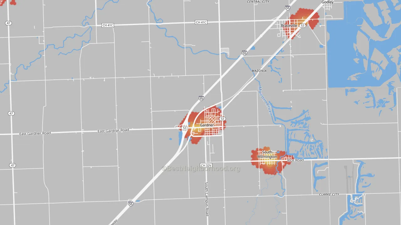 Walk Grade map of Gardner, IL, walkable areas in green and car-dependent areas in red