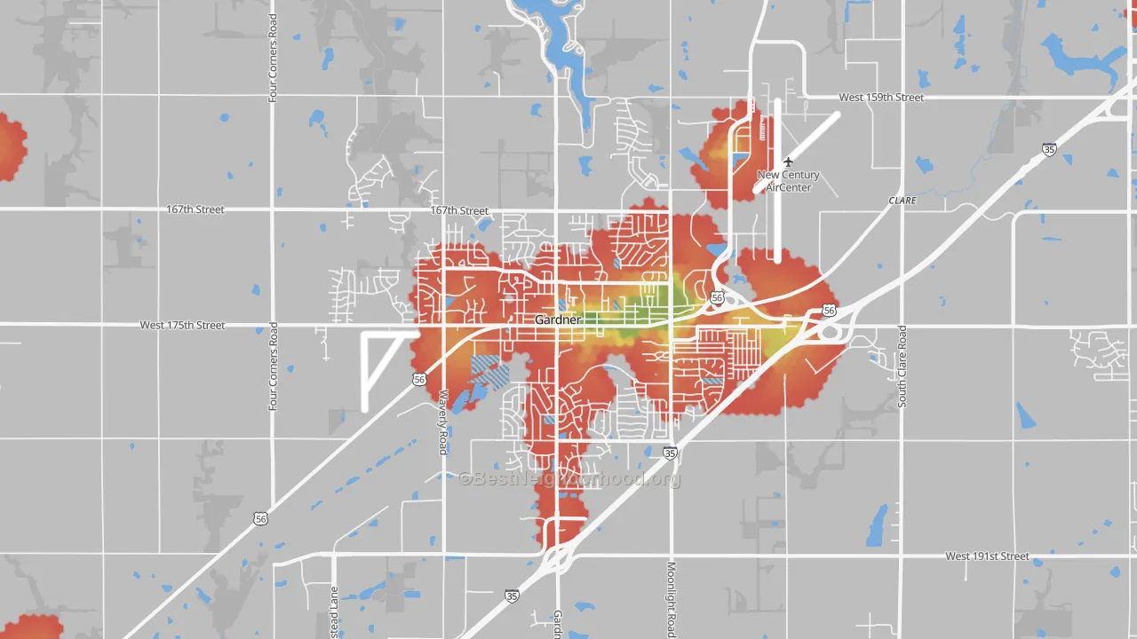 Walk Grade map of Gardner, KS, walkable areas in green and car-dependent areas in red