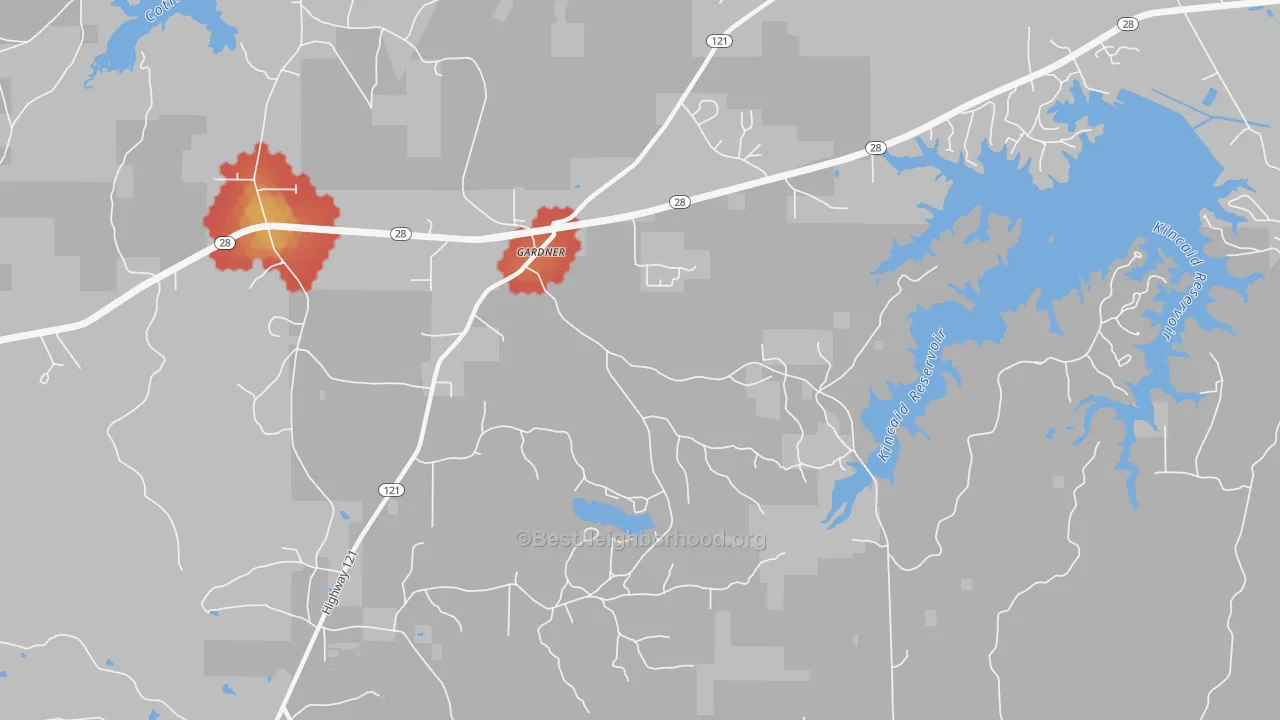 Walk Grade map of Gardner, LA, walkable areas in green and car-dependent areas in red