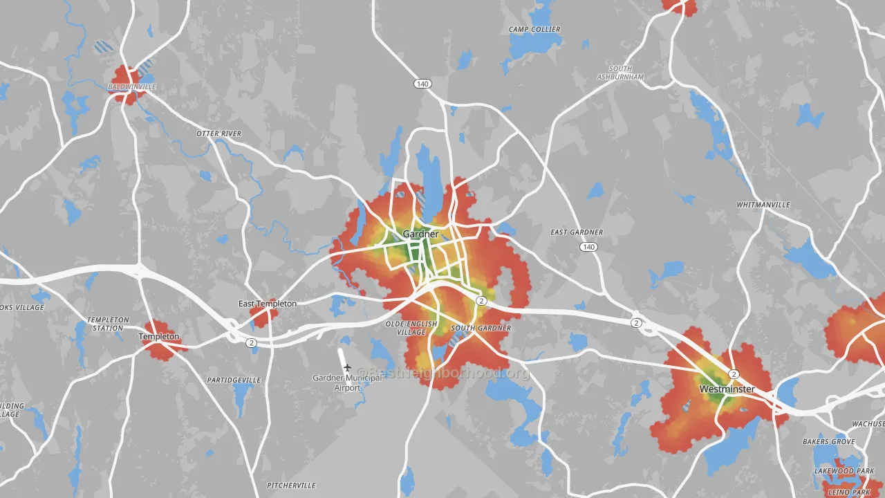 Walk Grade map of Gardner, MA, walkable areas in green and car-dependent areas in red