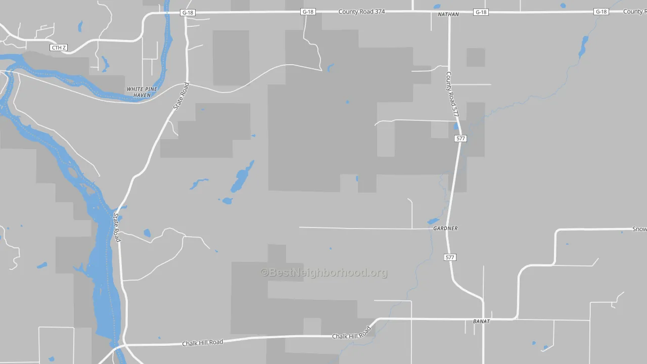 Walk Grade map of Gardner, MI, walkable areas in green and car-dependent areas in red