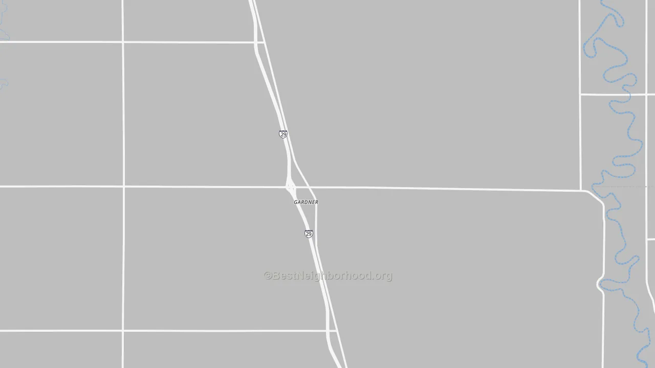 Walk Grade map of Gardner, ND, walkable areas in green and car-dependent areas in red