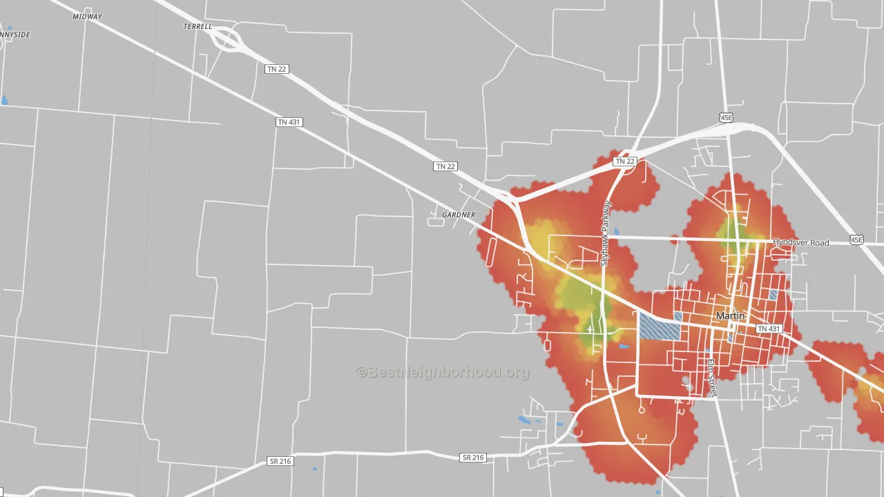 Walk Grade map of Gardner, TN, walkable areas in green and car-dependent areas in red