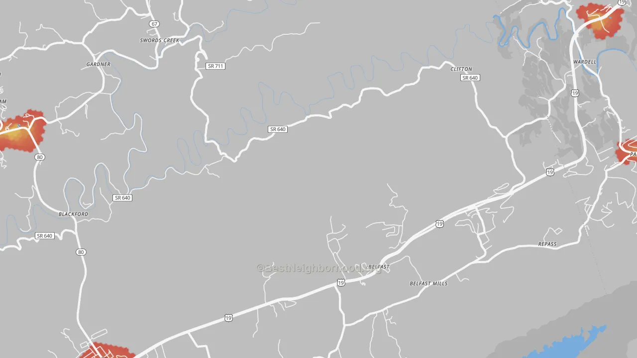 Walk Grade map of Gardner, VA, walkable areas in green and car-dependent areas in red