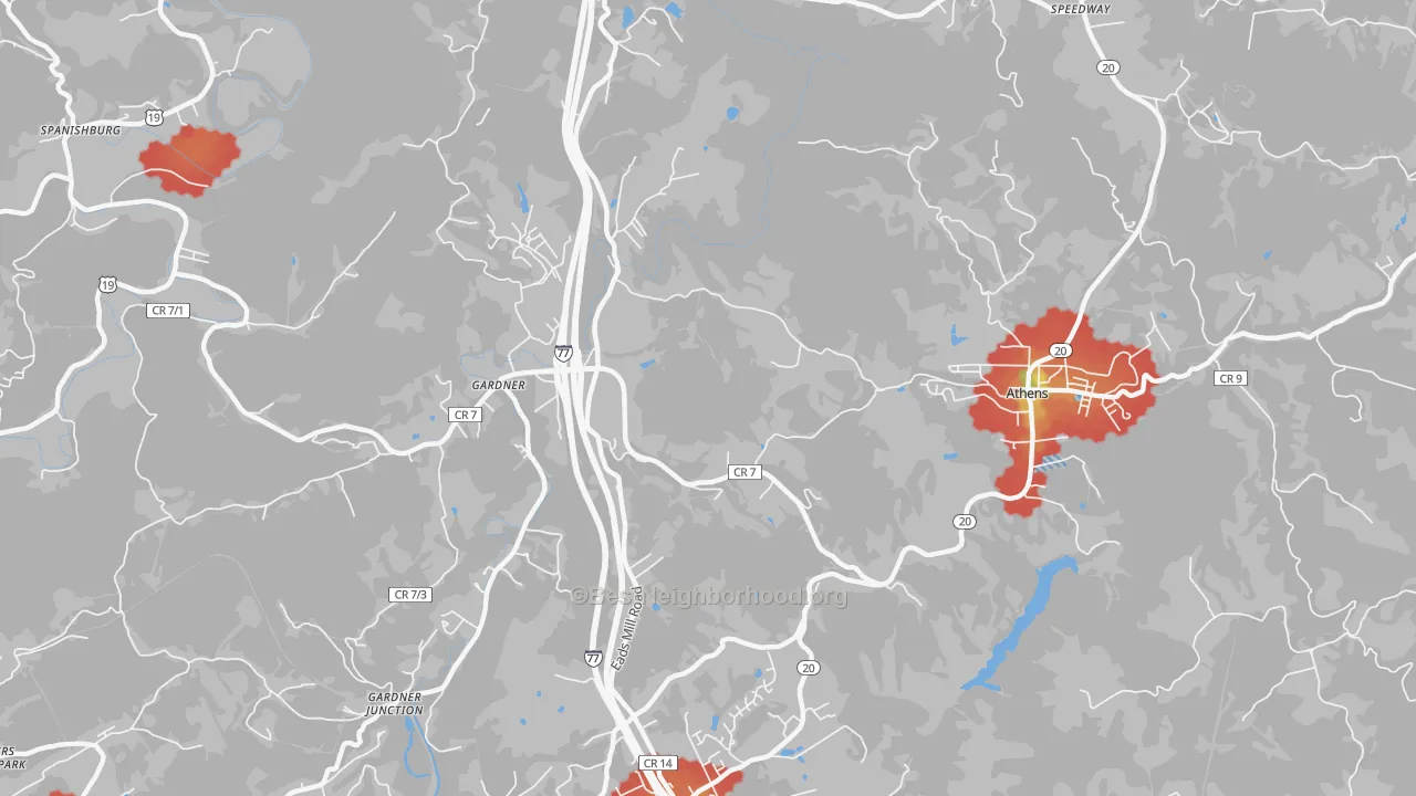 Walk Grade map of Gardner, WV, walkable areas in green and car-dependent areas in red