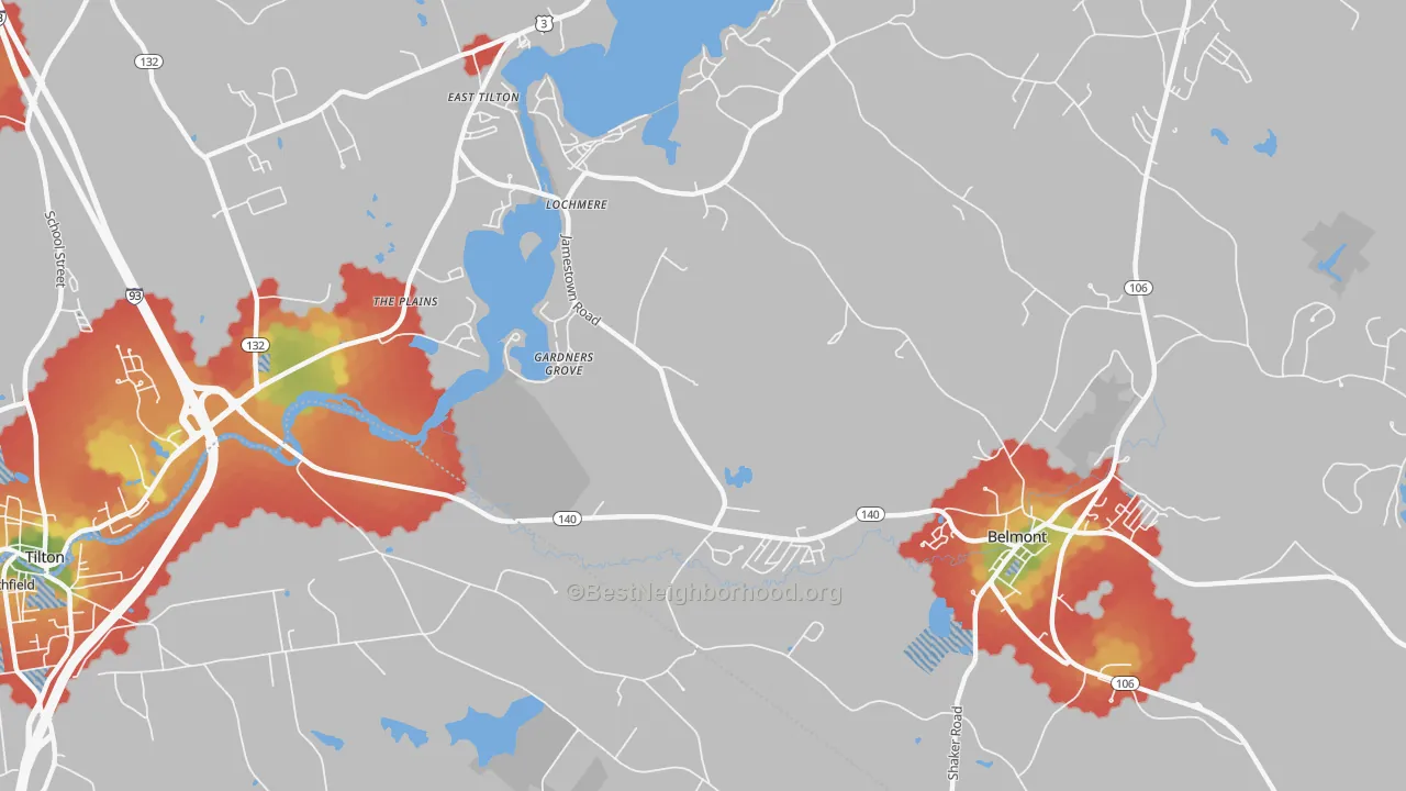 Walk Grade map of Gardners Grove, NH, walkable areas in green and car-dependent areas in red