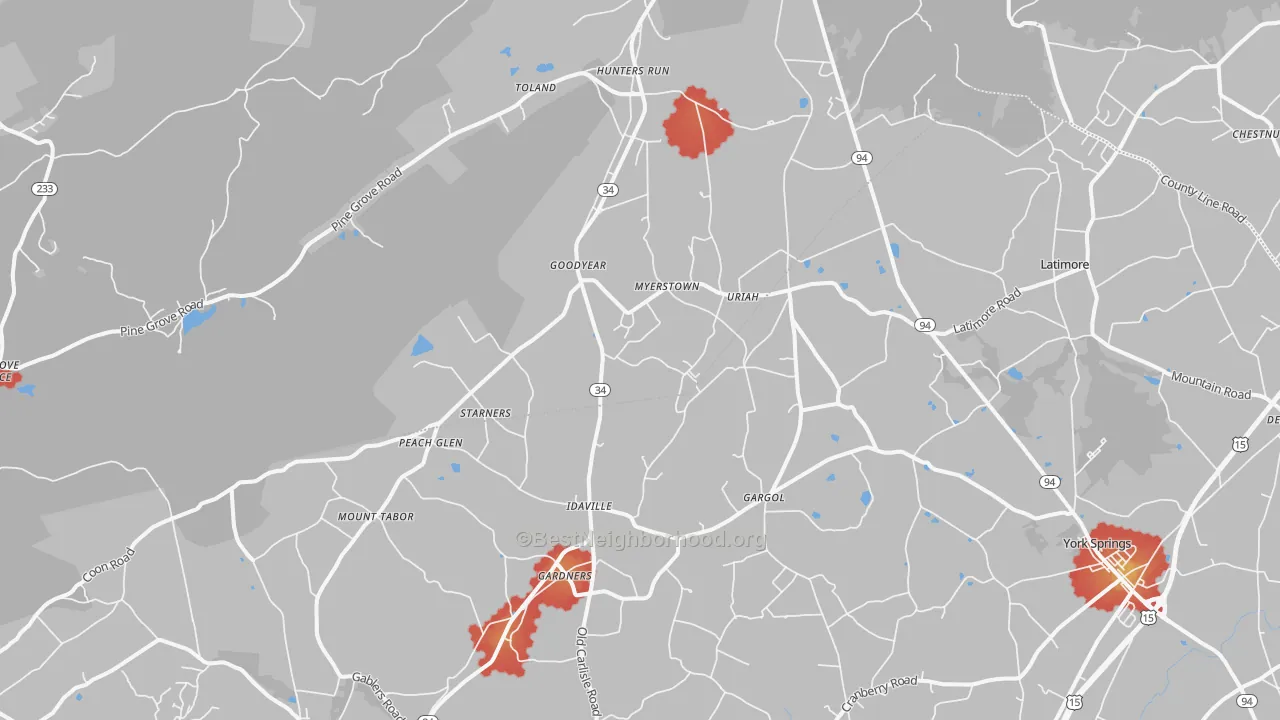 Walk Grade map of Gardners, PA, walkable areas in green and car-dependent areas in red