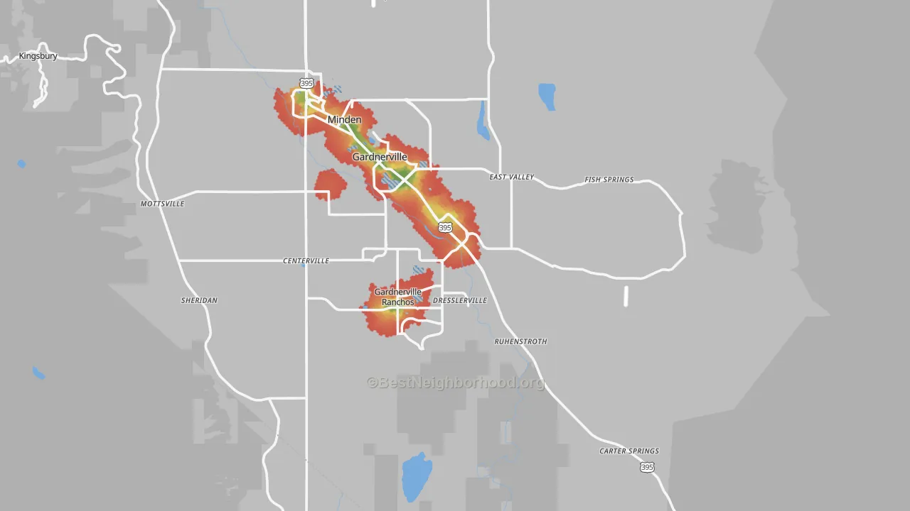 Walk Grade map of Gardnerville, NV, walkable areas in green and car-dependent areas in red