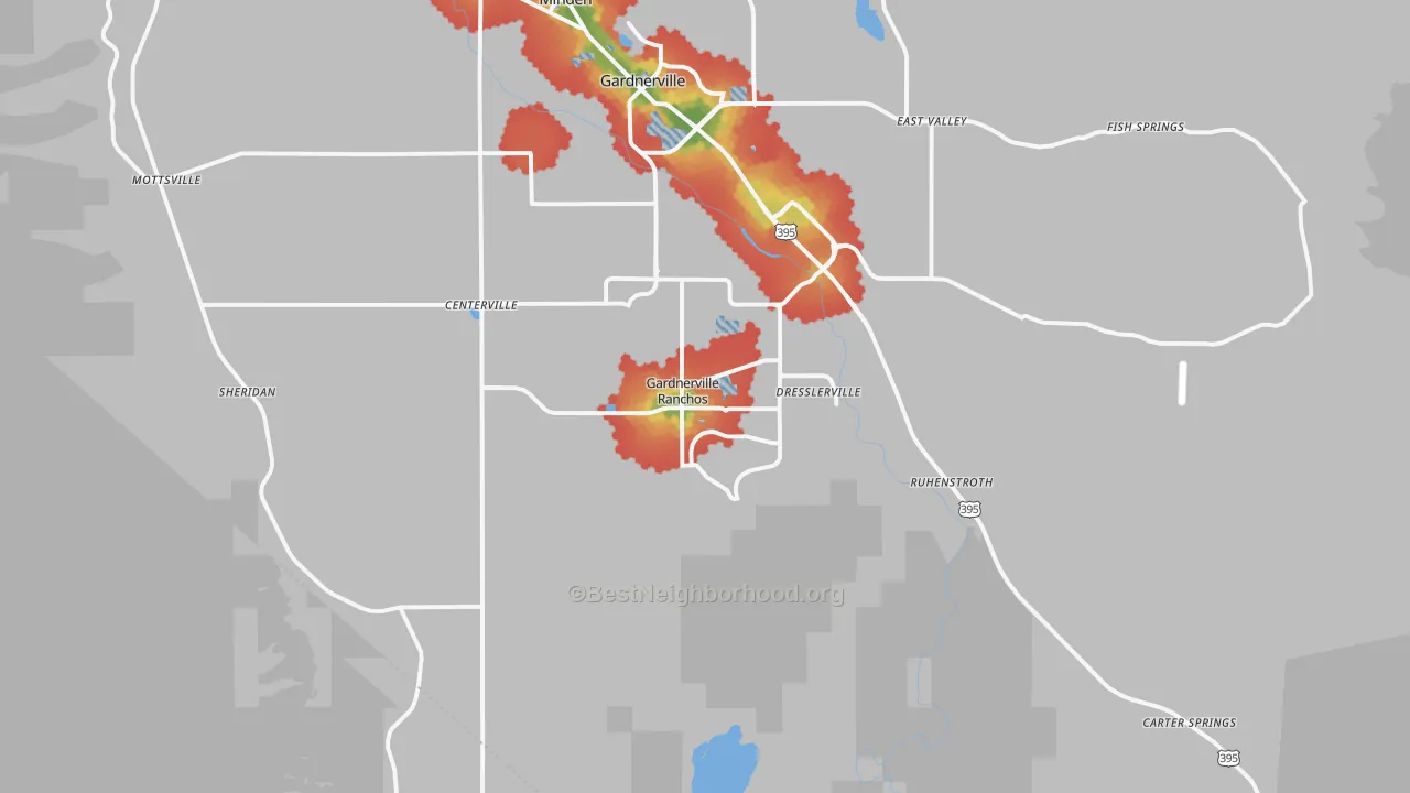 Walk Grade map of Gardnerville Ranchos, NV, walkable areas in green and car-dependent areas in red