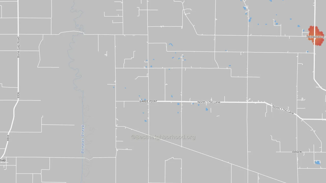 Walk Grade map of Gards Point, IL, walkable areas in green and car-dependent areas in red